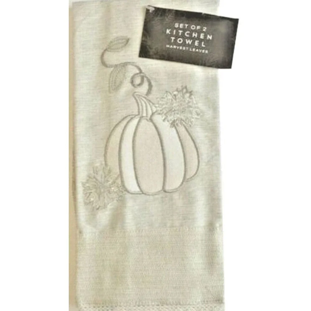 Thanksgiving Kitchen Dish Towels Set of 2 Pumpkin Harvest Leaves Embroidered